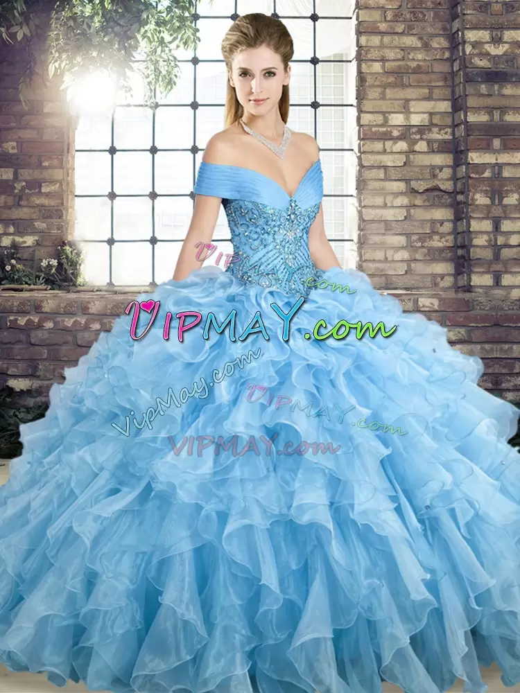 Off The Shoulder Sleeveless Organza Ball Gown Prom Dress Beading and Ruffles Brush Train Lace Up