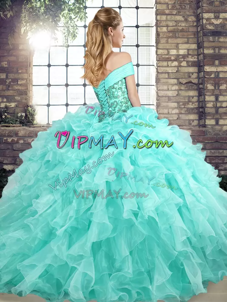 Off The Shoulder Sleeveless Organza Ball Gown Prom Dress Beading and Ruffles Brush Train Lace Up