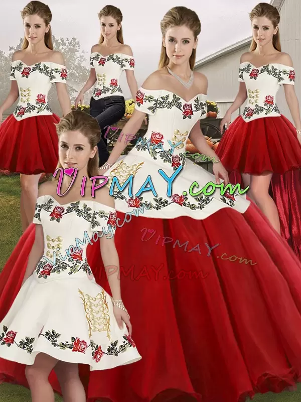 Charming White And Red Organza Lace Up Sweet 16 Quinceanera Dress Sleeveless Floor Length Embroidery