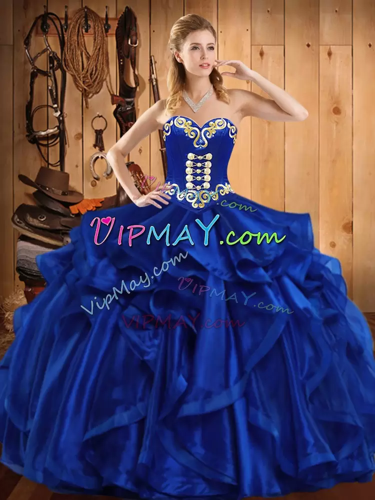 Inexpensive Royal Blue Ball Gowns Organza Sweetheart Sleeveless Embroidery and Ruffles Floor Length Lace Up Sweet 16 Quinceanera Dress