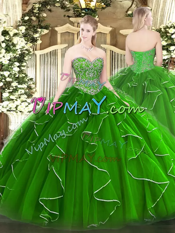 Designer Green Sweetheart Lace Up Beading and Ruffles Quinceanera Gown Sleeveless