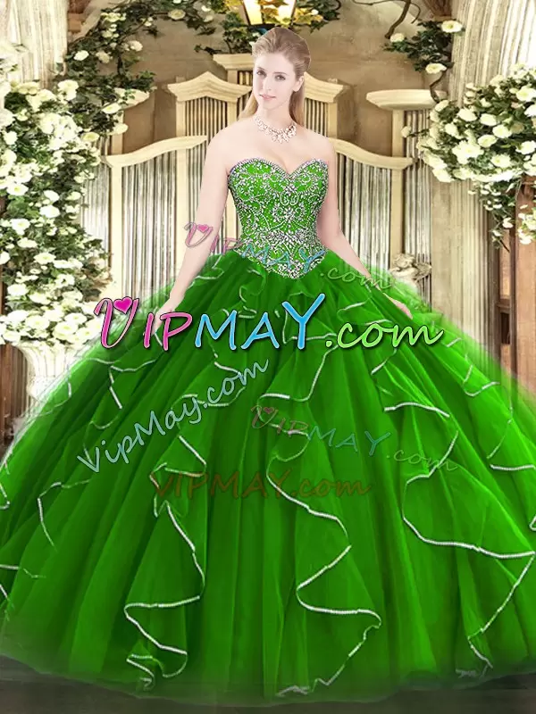 Designer Green Sweetheart Lace Up Beading and Ruffles Quinceanera Gown Sleeveless