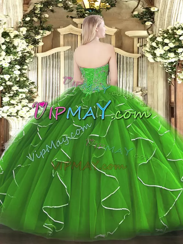 Designer Green Sweetheart Lace Up Beading and Ruffles Quinceanera Gown Sleeveless