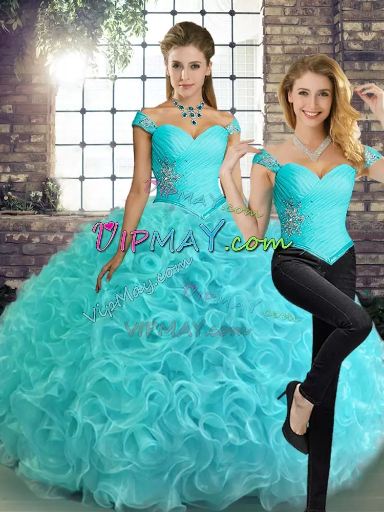 Aqua Blue Two Pieces Beading Quinceanera Dress Lace Up Fabric With Rolling Flowers Sleeveless Floor Length