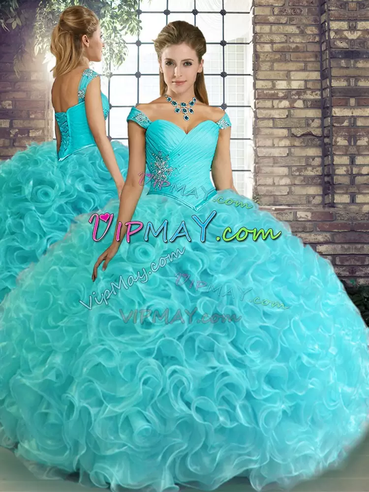 Aqua Blue Two Pieces Beading Quinceanera Dress Lace Up Fabric With Rolling Flowers Sleeveless Floor Length