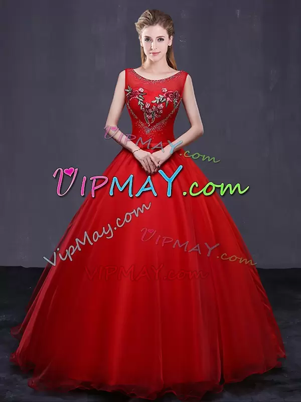 Sleeveless Scoop Beading and Embroidery Lace Up Quinceanera Gown