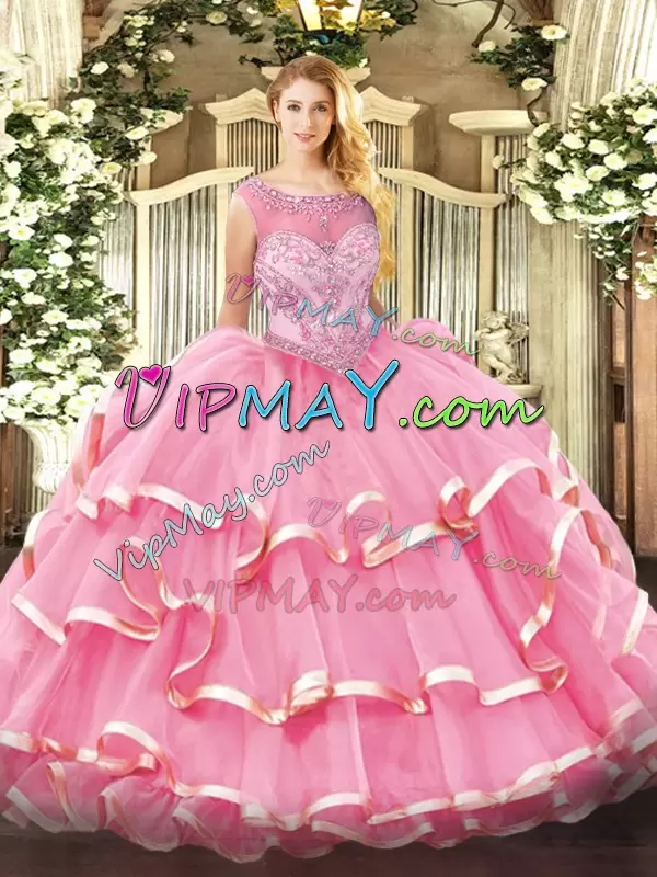 Baby Pink Scoop Zipper Illusion Neck Beaded Bodice and Ruffled Layers Quinceanera Dress