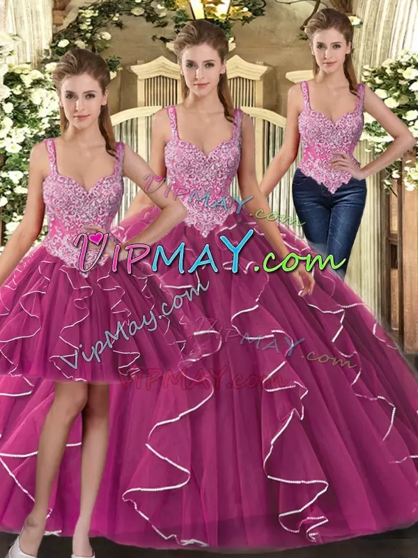 Charming Tulle Straps Sleeveless Lace Up Beading and Ruffles Quince Ball Gowns in Fuchsia