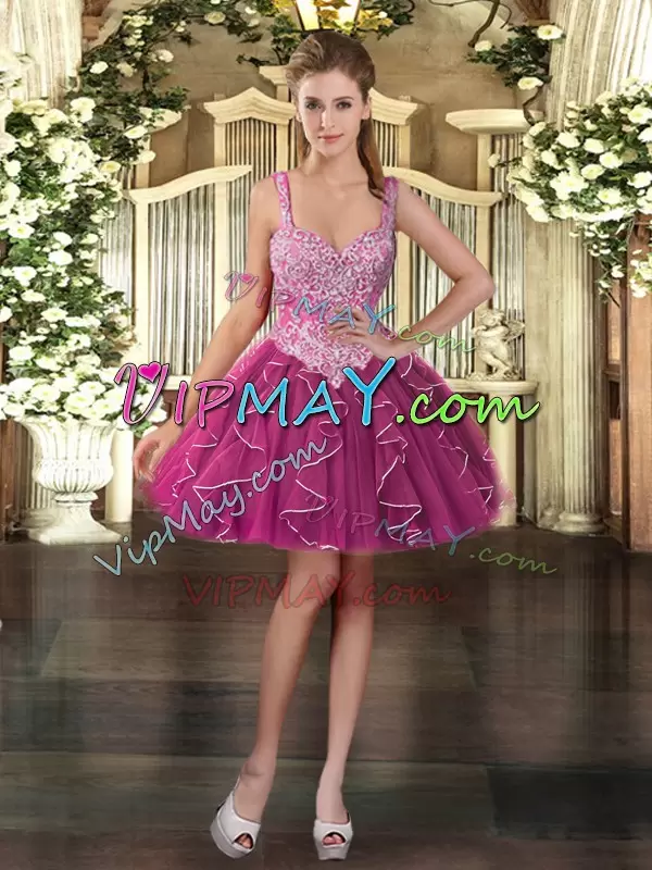 Charming Tulle Straps Sleeveless Lace Up Beading and Ruffles Quince Ball Gowns in Fuchsia