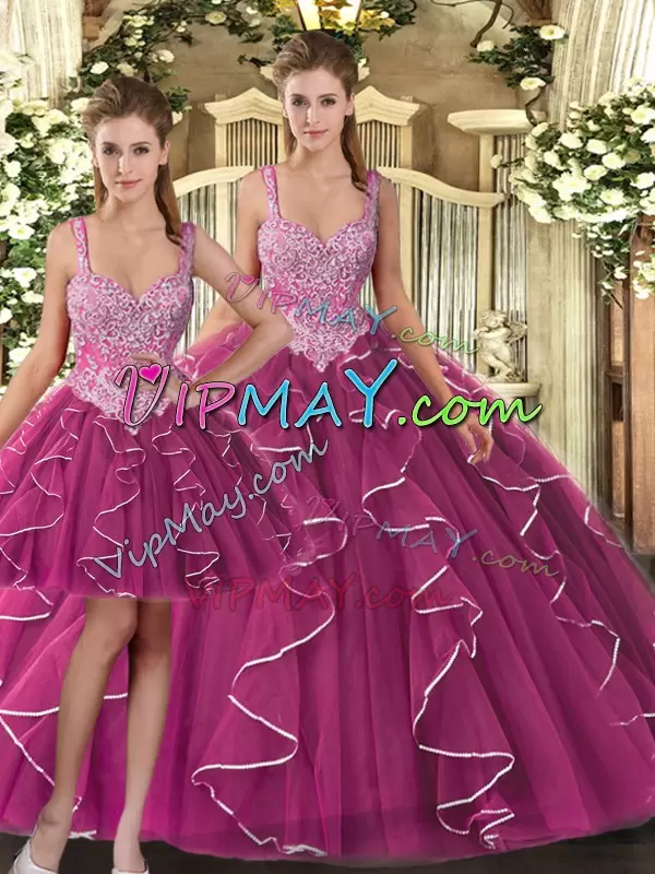 Charming Tulle Straps Sleeveless Lace Up Beading and Ruffles Quince Ball Gowns in Fuchsia