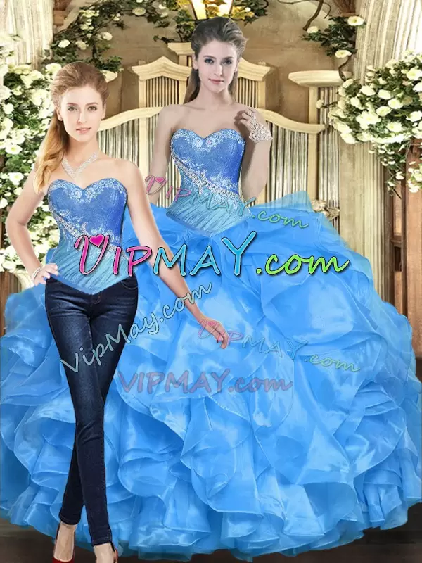 Pretty Organza Sweetheart Sleeveless Lace Up Beading and Ruffles 15th Birthday Dress in Baby Blue