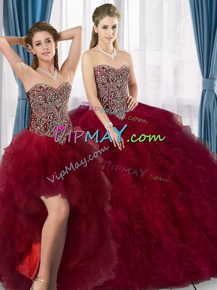 Burgundy Ball Gowns Sweetheart Sleeveless Tulle Floor Length Lace Up Beading and Ruffles Quinceanera Dresses