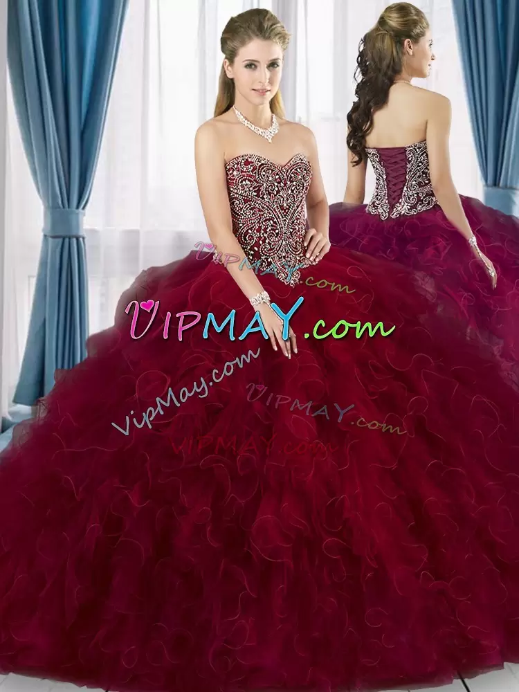 Burgundy Ball Gowns Sweetheart Sleeveless Tulle Floor Length Lace Up Beading and Ruffles Quinceanera Dresses