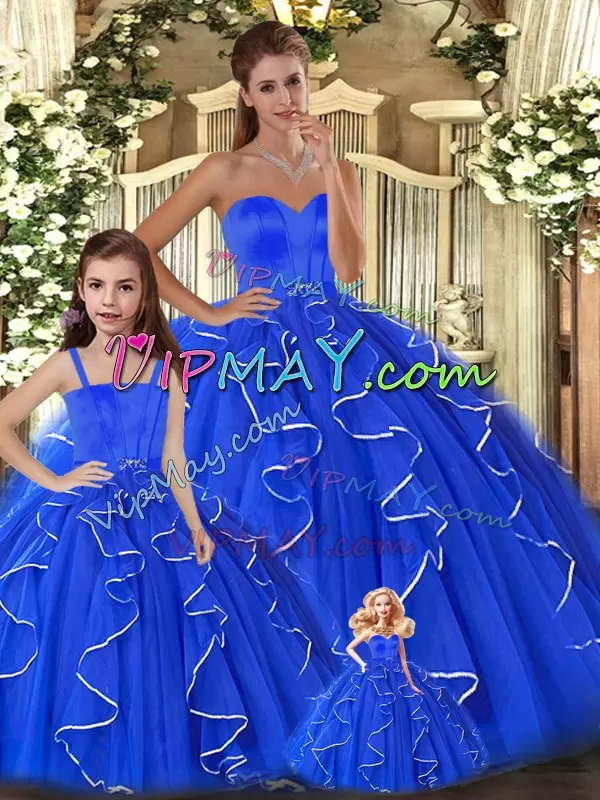 Floor Length Lace Up Sweet 16 Dresses Blue for Sweet 16 and Quinceanera with Beading and Ruffles