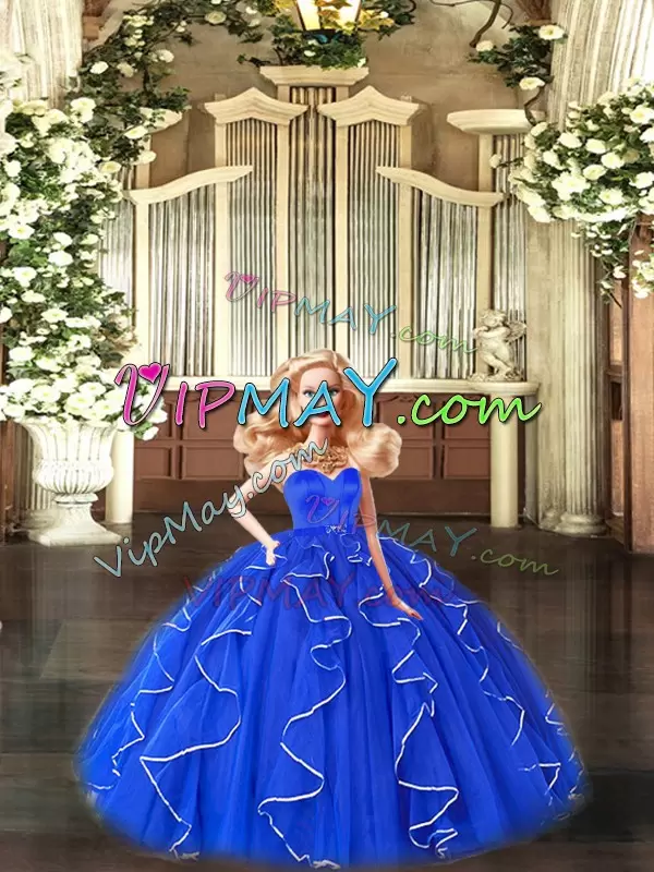 Floor Length Lace Up Sweet 16 Dresses Blue for Sweet 16 and Quinceanera with Beading and Ruffles