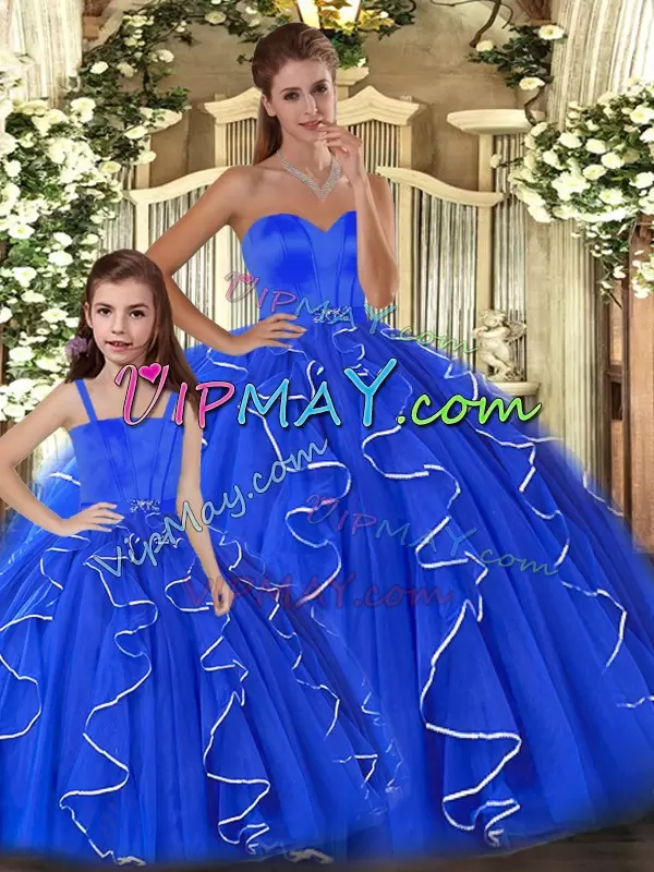 Floor Length Lace Up Sweet 16 Dresses Blue for Sweet 16 and Quinceanera with Beading and Ruffles