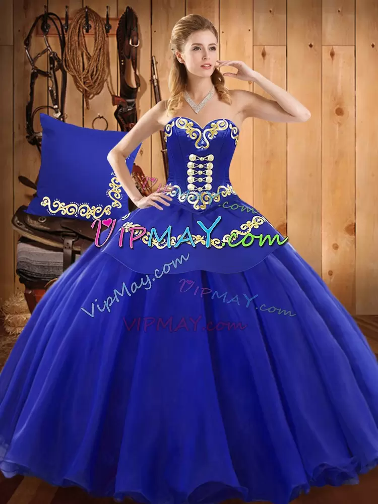 Pretty Floor Length Lace Up Quinceanera Gowns Blue for Military Ball and Sweet 16 and Quinceanera with Ruffles