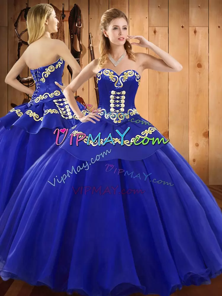 Pretty Floor Length Lace Up Quinceanera Gowns Blue for Military Ball and Sweet 16 and Quinceanera with Ruffles
