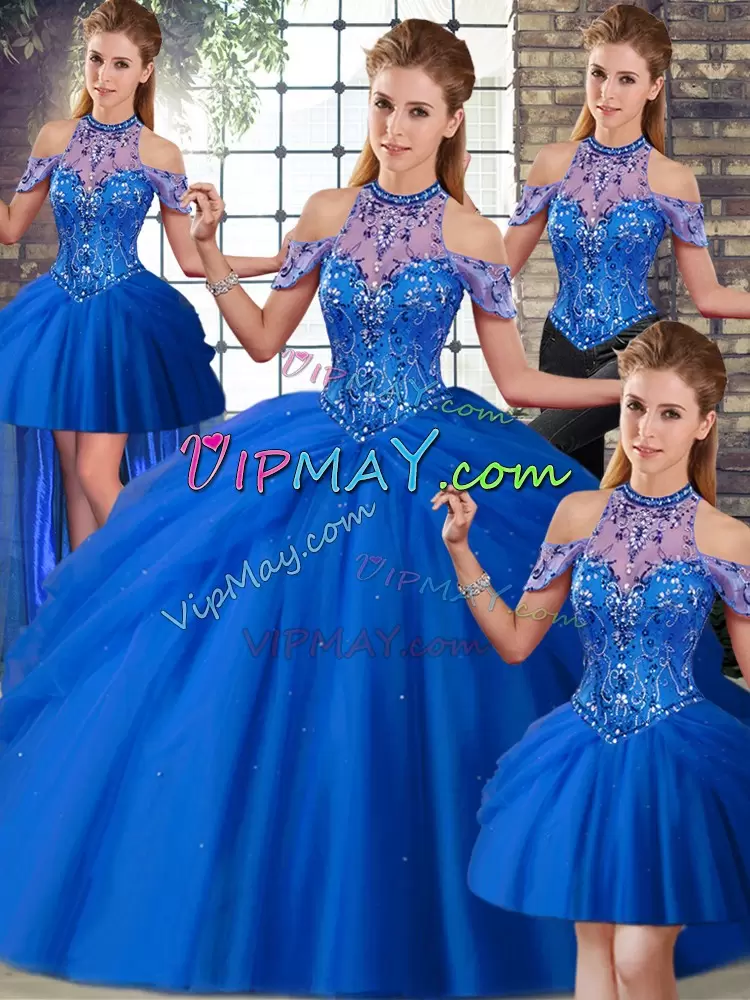 Dramatic Blue Sleeveless Beading and Pick Ups Lace Up 15th Birthday Dress Halter Top