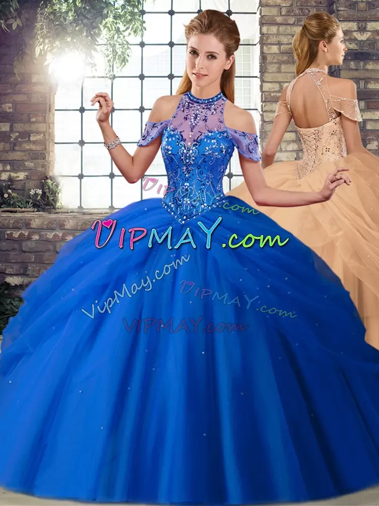 Dramatic Blue Sleeveless Beading and Pick Ups Lace Up 15th Birthday Dress Halter Top