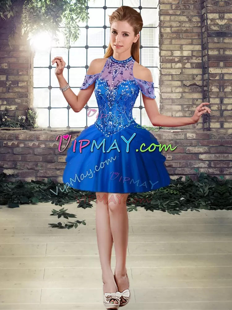 Dramatic Blue Sleeveless Beading and Pick Ups Lace Up 15th Birthday Dress Halter Top