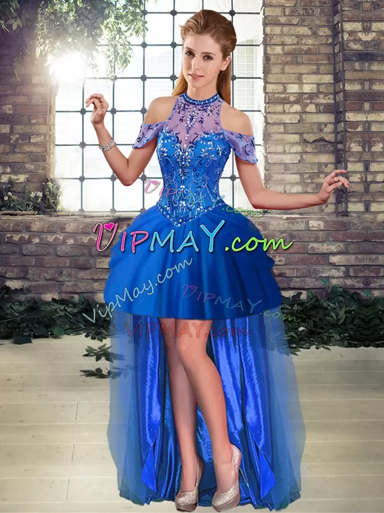 Dramatic Blue Sleeveless Beading and Pick Ups Lace Up 15th Birthday Dress Halter Top