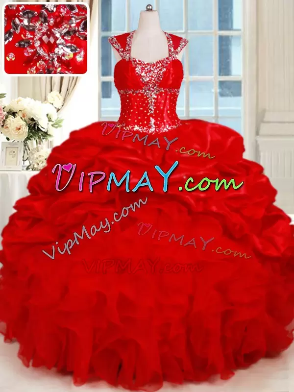 Custom Made Red Cap Sleeves Floor Length Ruffles and Pick Ups Backless 15 Quinceanera Dress Sweetheart