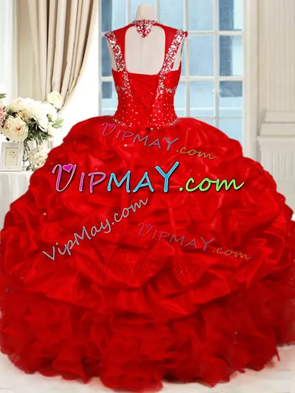 Custom Made Red Cap Sleeves Floor Length Ruffles and Pick Ups Backless 15 Quinceanera Dress Sweetheart