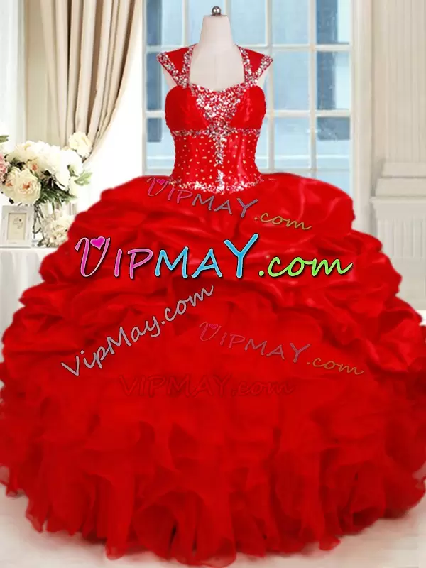 Custom Made Red Cap Sleeves Floor Length Ruffles and Pick Ups Backless 15 Quinceanera Dress Sweetheart