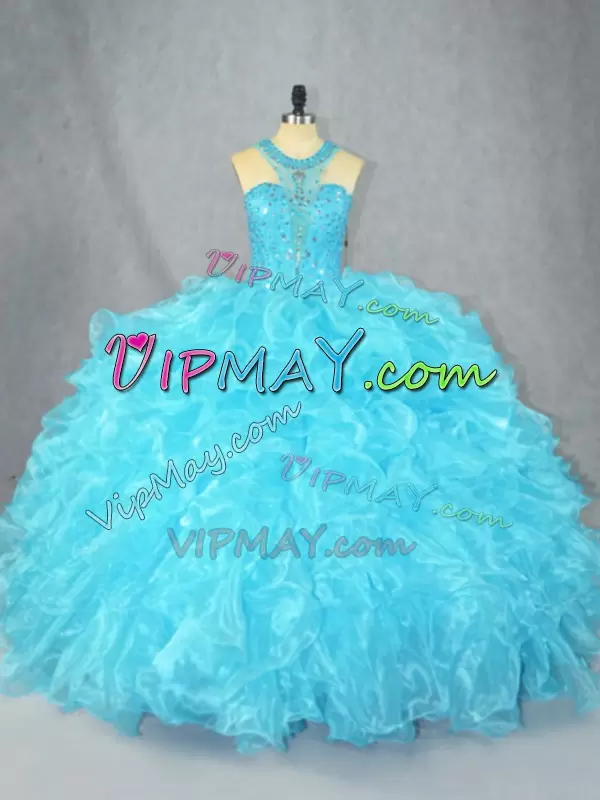 Aqua Blue Halter Ruffles Sleeveless Sweet 16 Dress Big Skirt