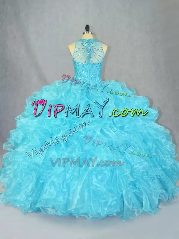 Aqua Blue Halter Ruffles Sleeveless Sweet 16 Dress Big Skirt