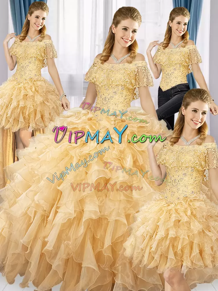 Sumptuous Floor Length Gold Quinceanera Dress Off The Shoulder Sleeveless Lace Up