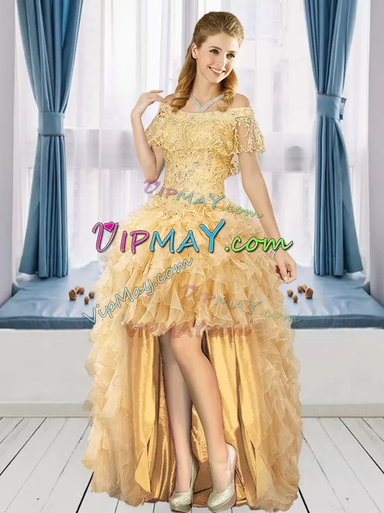 Sumptuous Floor Length Gold Quinceanera Dress Off The Shoulder Sleeveless Lace Up