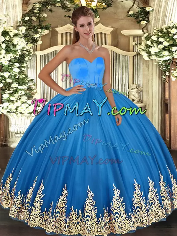 High Quality Blue Quinceanera Dress Military Ball and Sweet 16 and Quinceanera with Appliques Sweetheart Sleeveless Lace Up