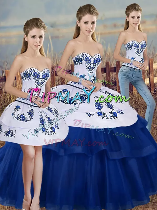 Embroidery and Bowknot Sweet 16 Dress Royal Blue Lace Up Sleeveless Floor Length