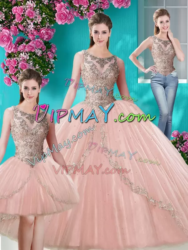 Peach Scoop Neckline Beading and Appliques Ball Gown Prom Dress Sleeveless Lace Up