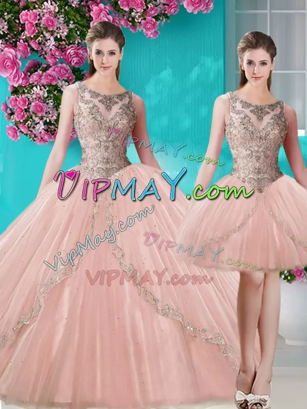 Peach Scoop Neckline Beading and Appliques Ball Gown Prom Dress Sleeveless Lace Up