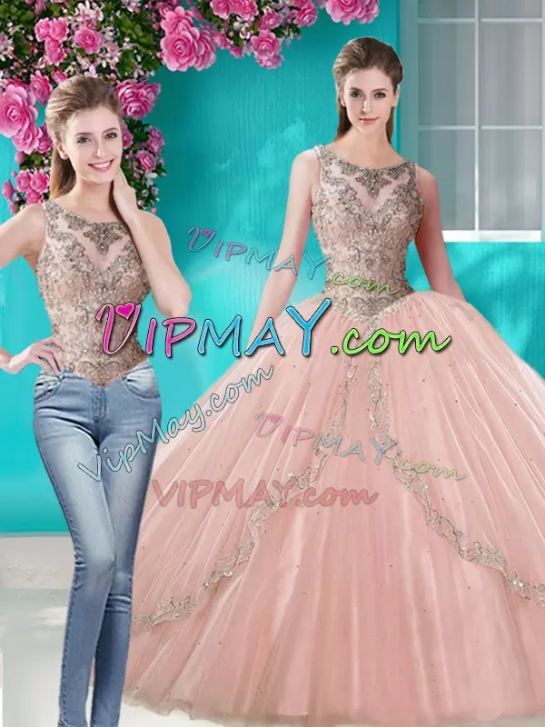 Peach Scoop Neckline Beading and Appliques Ball Gown Prom Dress Sleeveless Lace Up