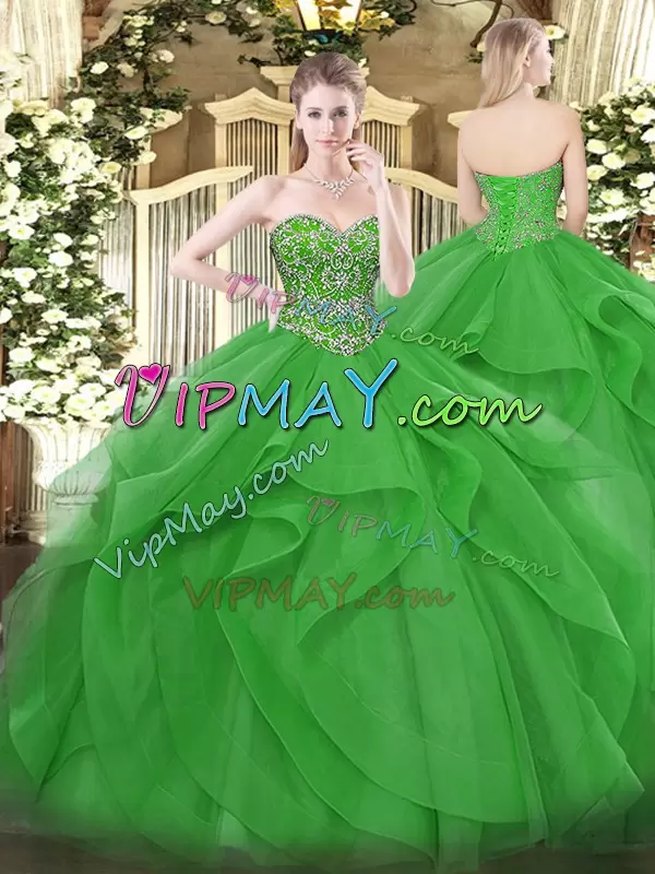 Green Ball Gowns Beading and Ruffles Quinceanera Dress Lace Up Tulle Sleeveless Floor Length