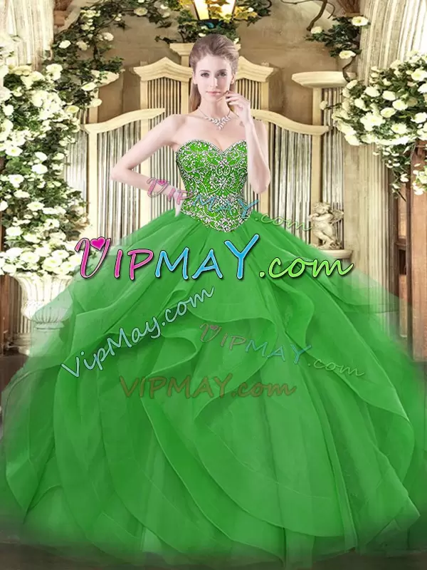 Green Ball Gowns Beading and Ruffles Quinceanera Dress Lace Up Tulle Sleeveless Floor Length