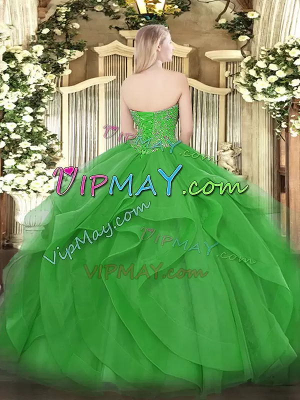 Green Ball Gowns Beading and Ruffles Quinceanera Dress Lace Up Tulle Sleeveless Floor Length