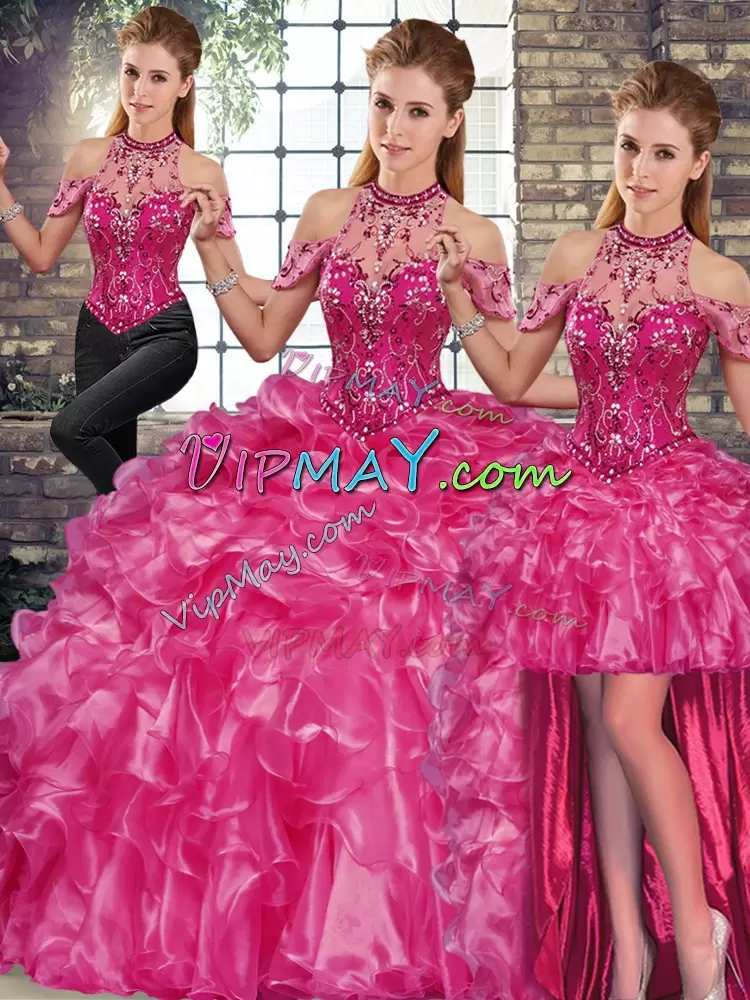 Exceptional Sleeveless Floor Length Beading and Ruffles Lace Up Sweet 16 Dress with Fuchsia