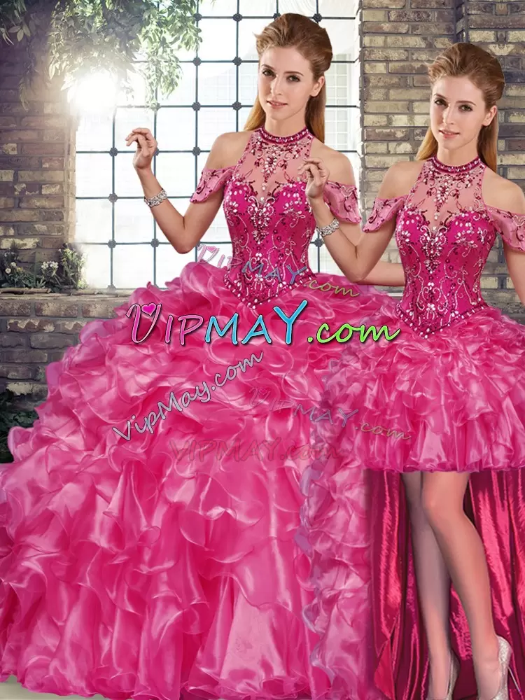 Exceptional Sleeveless Floor Length Beading and Ruffles Lace Up Sweet 16 Dress with Fuchsia