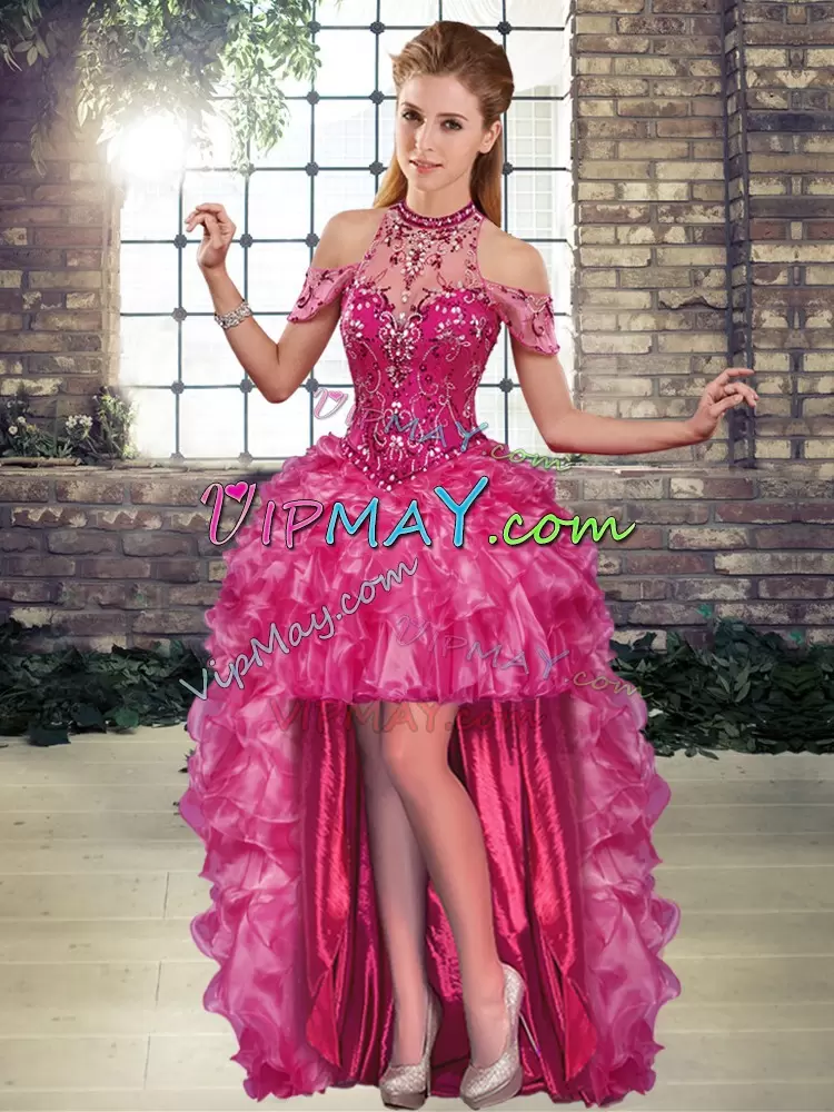 Exceptional Sleeveless Floor Length Beading and Ruffles Lace Up Sweet 16 Dress with Fuchsia