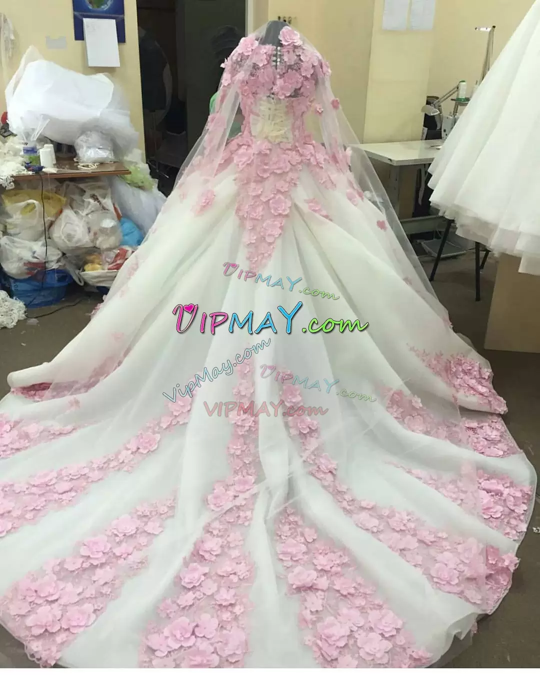 Off White and Pink Flowers Long Sleeves Quinceanera Gown with Train