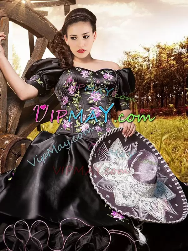 Ideal Black Short Sleeves Organza and Taffeta Lace Up Vestidos de Quinceanera for Military Ball and Sweet 16 and Quinceanera