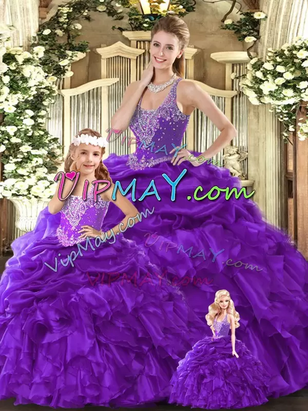 Purple Ball Gowns Straps Sleeveless Organza Floor Length Lace Up Beading and Ruffles Sweet 16 Quinceanera Dress