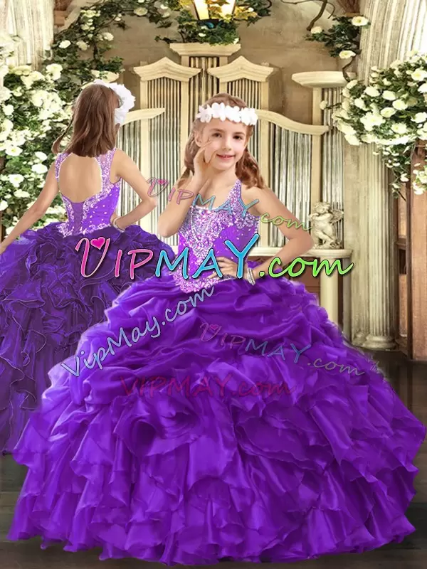 Purple Ball Gowns Straps Sleeveless Organza Floor Length Lace Up Beading and Ruffles Sweet 16 Quinceanera Dress