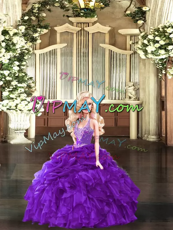 Purple Ball Gowns Straps Sleeveless Organza Floor Length Lace Up Beading and Ruffles Sweet 16 Quinceanera Dress