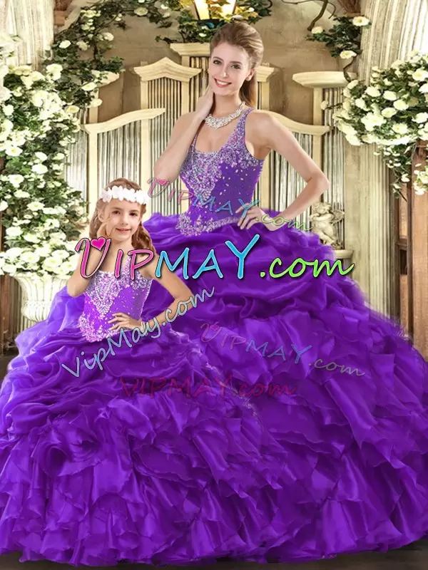 Purple Ball Gowns Straps Sleeveless Organza Floor Length Lace Up Beading and Ruffles Sweet 16 Quinceanera Dress